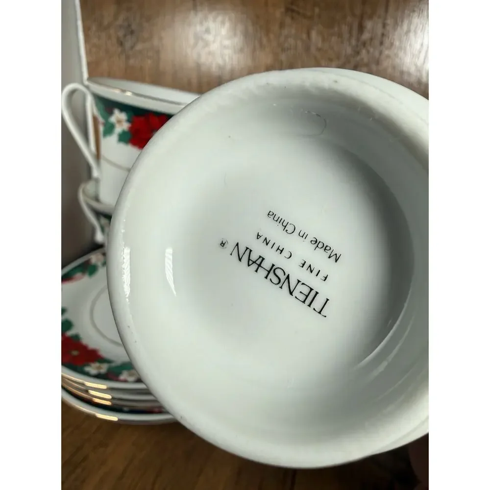 4 TIENSHAN Deck The Halls Tea Coffee Cups & Saucers Christmas Poinsettia
